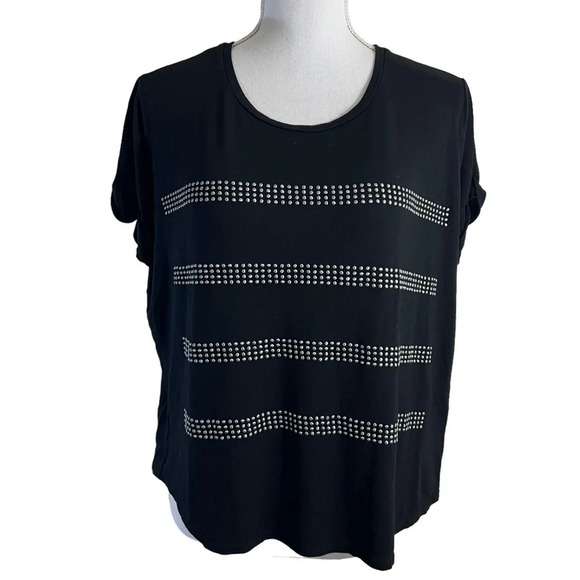 Two by Vince Camuto Black Metal Studded Short Sleeve Shirt Round Neck Pullover - Picture 1 of 6